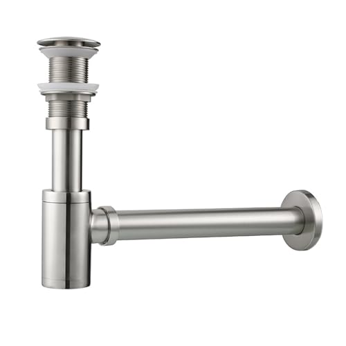 Sifón tubular con válvula de desagüe Pop Up, sifón universal con desagüe de acero inoxidable para lavabo y lavabo, tapón de olor con apertura de limpieza (rebosadero, plata)