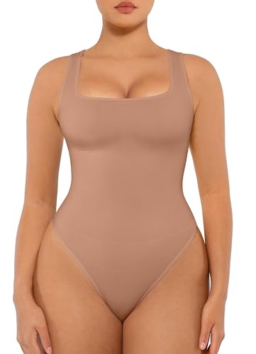 FeelinGirl Square Neck Bodysuit for Women Seamless Shapewear Body Suits for Women with Tummy Control Mocha Brown XS/S