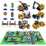 Construction Vehicles Toys with Play Mat, 6 Construction Cars, 6 Road Signs and 15.5' x 23.5' Playmat, Mini Diecast Cars Play Sets, Toy Trucks, Perfect Toy Cars Party Supplies