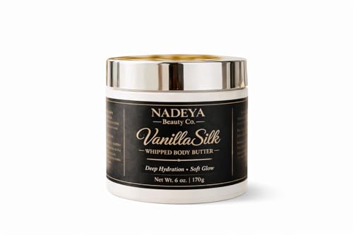Nadeya Beauty Co Vanilla Silk Whipped Body Butter – Deep Hydration Moisturizer for Dry Skin – Non-Greasy Lightweight Triple Hydration Formula Shea & Mango Butter with Vitamin E – 6 oz