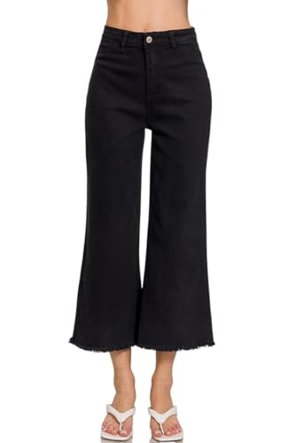 Zenana Colored Denim Wide Leg Cropped Frayed Hem Jeans