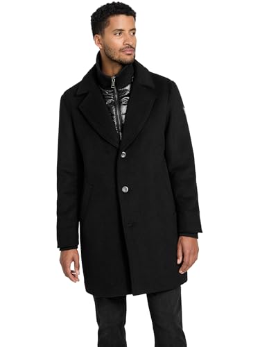 Image of GUESS Mens Gus Single Breasted Overcoat Quilted Bib, Jet Black, Large