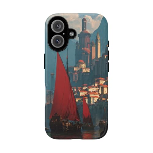 Coque iPhone 16 navires à voile rouge rigide mate forteresse montagne