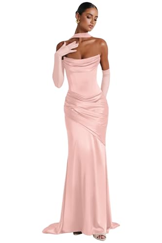 Strapless Satin Prom Dresses Corset Bridesmaid Dresses with Scarf Long Mermaid Formal Evening Gown