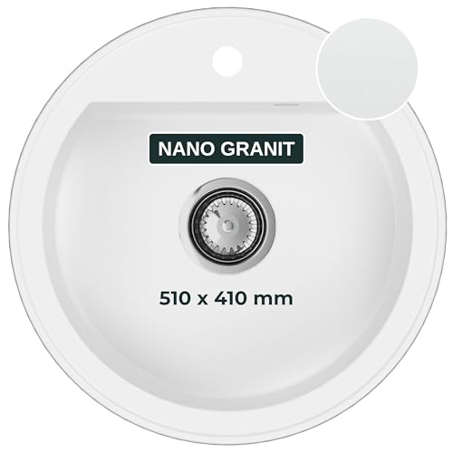 SINK QUALITY Évier de cuisine, rond, blanc, diamètre : 51 cm, siphon et imprégnation inclus, en granit, pour armoires inférieures à partir de 55 cm de...