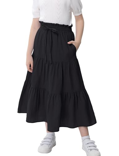 Image of Maxi Skorts Skirt for Girls Button Front High Waisted Long Skirt with Belt Ruffled Skirts with Pocket 3-12Years