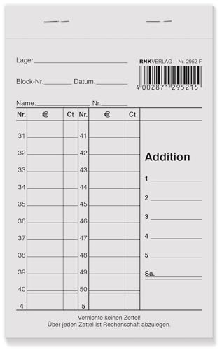 RNKVERLAG - Kassenblock zweifarbig, grün/rot, mit Nummerierung, oben geheftet, perforiert, 2 x 50 Blatt, 96 x 167 mm, 10 Stück