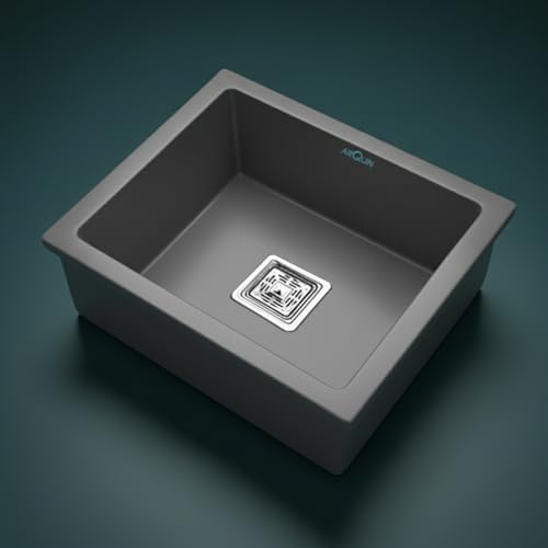 Image of ARQUIN Quartz Kitchen Sink 21x18x9 Inch Grey | Single Bowl Sink | Durable & Scratch-Resistant | Undermount /Topmount Including Coupling, Waste Pipe & Fruit Washing Basket