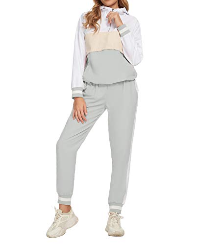 Unifizz Women's Casual 2 Piece Tracksuit Set Stripe Patchwork Sweatsuits Long Sleeve Sport Jogging Suit (685_Grey+White S) #TOP3