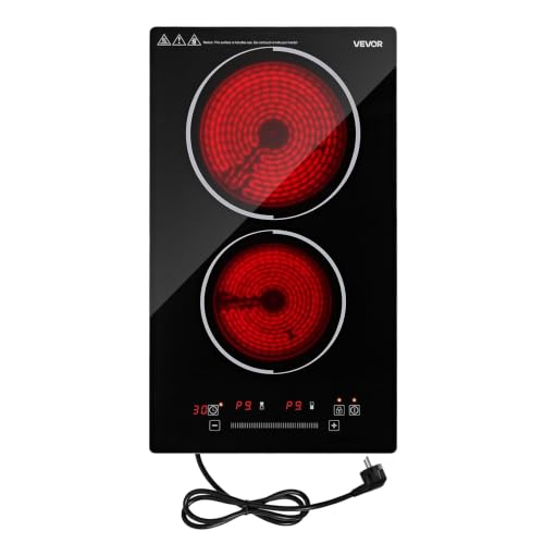 Image of VEVOR Electric Cooktop 12inch 2 Burners Portable Stove Top 1800W 120V, Ceramic Countertop /Built-in Radiant Electric Stove, with 9 Power Levels, Timer, Child Lock, Over-Heat Guard, Touch Control