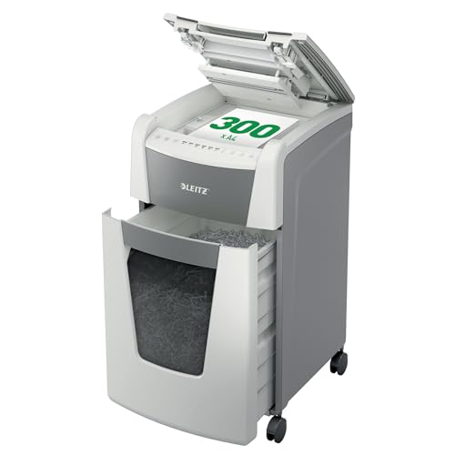 Leitz 80150000 – Destructora Automática IQ 300 Autofeed P4, Autoalimentación 300 Hojas, Corte En Partículas 4x28 Mm, Funcionamiento 60 Minutos, Papelera Extraíble 60 L, Control Táctil Con Bloqueo PIN