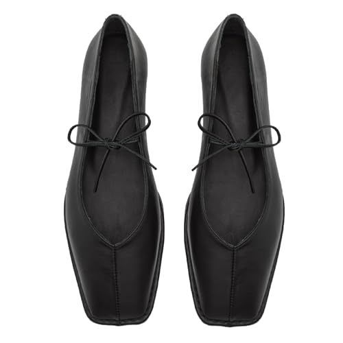 Image of Ballet Flats for Women Lace Up Bow Square Toe Mary Janes Cute Ballerina Shoes Slip On Comfortable Elegant Dress Shoes