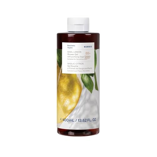 Korres Basil Lemon Revitalising Shower Gel, Dermatologically Tested, with Active Aloe Vera, Citric Fragrance, Silicone and Paraben Free, in XL 400ml Format, Vegan