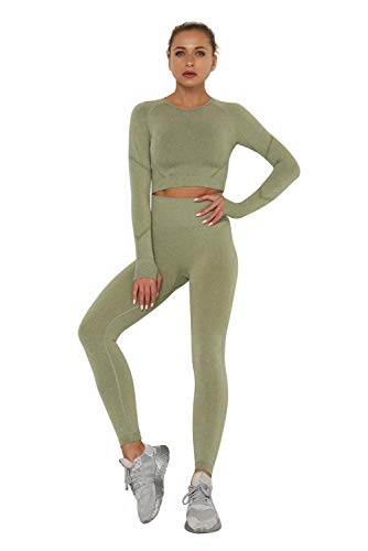 Conjunto Deportivo Mujer Fitness Verano Chandal 2 Piezas Leggins y Camiseta Crop Top Manga Larga Deporte Traje de Gimnasia Ropa Malla para Running Yoga Pilates Danza Sportwear Tracksuit Sweatsuit