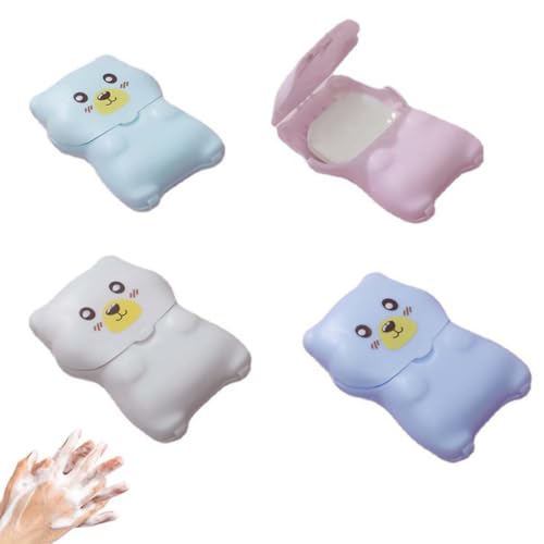 XUZOPIM 4 Boîtes De Feuilles De Savon En Papier Jetables, Boîte À Motif Ours Mini Savon En Papier Jetable Portable, Pour Les Déplacements En Camping, Lavage En Plein Air, 50 Pièces Par Boîte