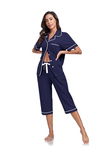 Image of COLORFULLEAF 100% Cotton Capri Pajama for Women Set Summer Short Sleeve Pj Sets for Women Cotton Sleepwear
