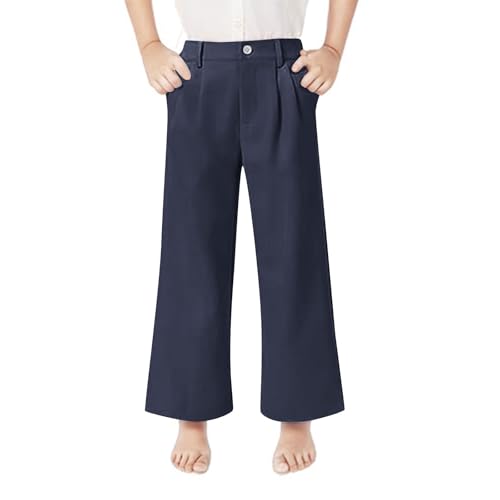 Girls Uniform Pants Kids Dress Pants Fashion Button High Waist Wide Leg Pants Casual Solid Baggy Trousers with Pocket
