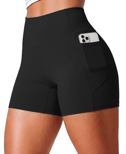 JEKAOYI Womens Workout Shorts 4.5 No Front Seam Yoga Biker Tummy Control Gym Volleyball Spandex Shorts with Pockets Jet Black