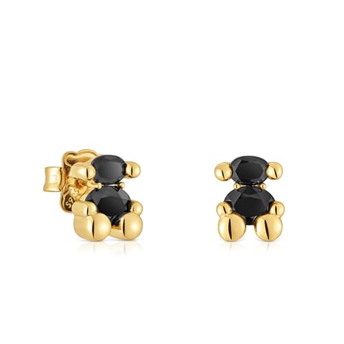 TOUS Pendientes para Mujer con Motivo de Oso con Baño de Oro 18 Kt sobre Plata de Primera Ley y Ónix, 8 mm, Colección Tous Color Bear