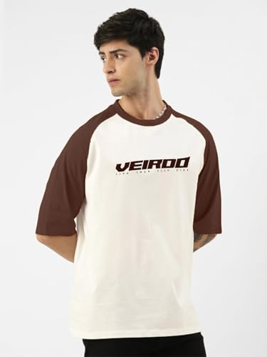 Image of Veirdo 100% Pure Cotton Oversized Loose Baggy Fit Drop Shoulder Round Neck Cool Front Chest Typographic Logo Printed Raglan Sleeve T-Shirt for Men (Colors: White, Black, Swanwhite, Beige & Grey)