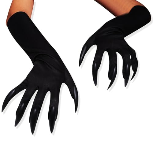 GEMILY Black Nails Gloves With Claws Cosplay Long Gloves Ghost Halloween Accessories for Adults and Kids