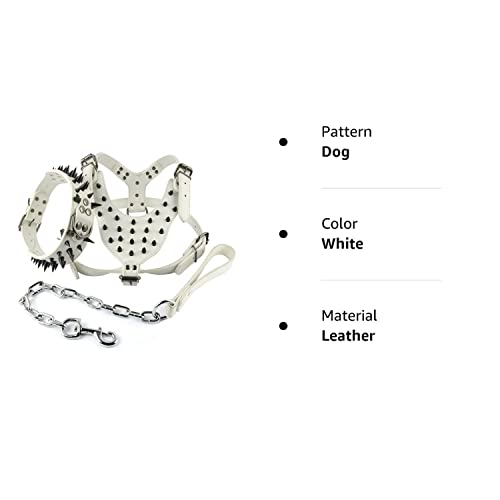 Berry Pet Leather Black Spikes Studded Medium Dog White Collar & Leash & Harness 3 Pcs Set For Pitbull Boxer Neck For 17-20" #TOP6
