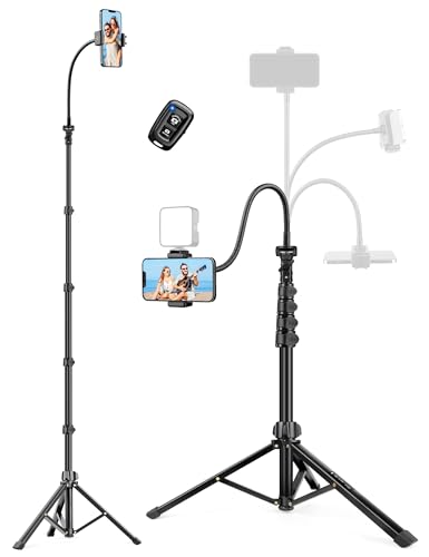 Phone Tripod Stand, 85' Tall Cellphone Tripod for iPhone with Gooseneck Remote, Flexible Portable Phone Stand for Recording, Compatible with iPhone 14 13 12 pro Android Camera