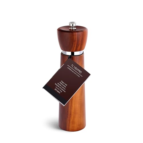 Wooden Pepper Grinder – Refillable Pepper Mill with Adjustable Upgraded Large Size Ceramic Burr – Manual Salt Grinder with Acacia Wood Body – 8.3” Tall 1 PC/Acacia