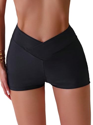 SweatyRocks Women's Solid High Waist Bikini Bottom Crossover High Cut Swimsuit Swim Shorts