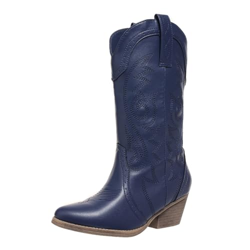 Cowboy Boots for Women Wide Calf Cowgirl Boots Pointed Toe Embroidery Stitched Fashion Western Boot Mid-Calf with Pull-on Tabs, US Size 5-11