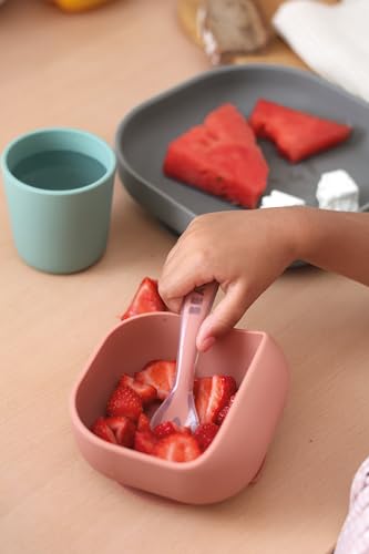 Image of BEABA Silicone 4-Piece Meal Set - Easy to Clean - Dishwasher and Microwave Safe - Soft, Unbreakable, Non-Slip Suction Bottom - Includes Plate, Bowl, Cup and 2nd Stage Silicone Spoon (Mineral)
