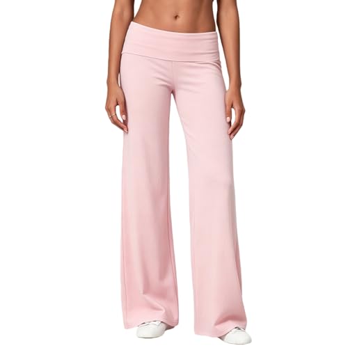 Qmlyev Fold Over Yoga Pants for Women Low Rise Wide Leg Cute Flare Sweatpants (Pink, L)