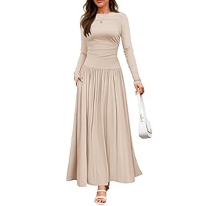 ZESICA Women’s Long Sleeve Maxi Dress 2024 Fall Crewneck Knit Casual Slim Swing Pleated Dresses with Pockets