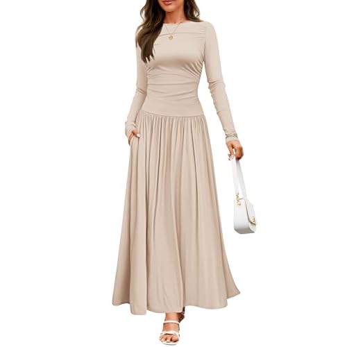ZESICA Women’s Long Sleeve Maxi Dress 2024 Fall Crewneck Knit Casual Slim Swing Pleated Dresses with Pockets