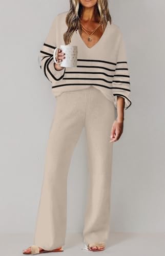ETCYY NEW Womens 2 Piece Outfits Sweater Lounge Set Casual V Neck Knit Pajama Set Long Sleeve Top Wide Leg Pants Loungewear - Thumbnail 5