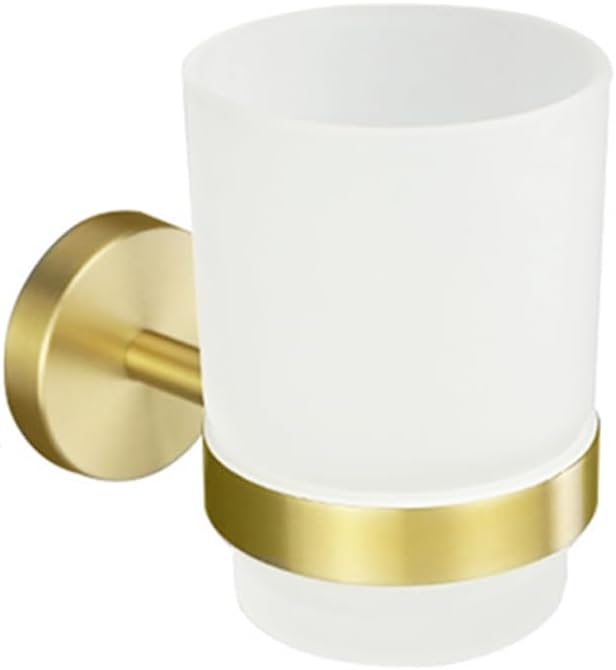 Toothbrush Holder Cup Brushed Gold, Bathroom Toothpaste Dispenser, Brass Holder with Frosted Glass Cup Decorative Accessories,A