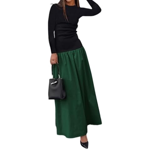 YOXUA Women's Long Sleeve Patchwork A-Line Long Maxi Dress Fall Winter Beach Maxi Dress Green Cover