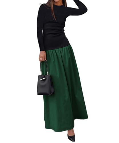 YOXUA Women's Long Sleeve Patchwork A-Line Long Maxi Dress Fall Winter Beach Maxi Dress Green