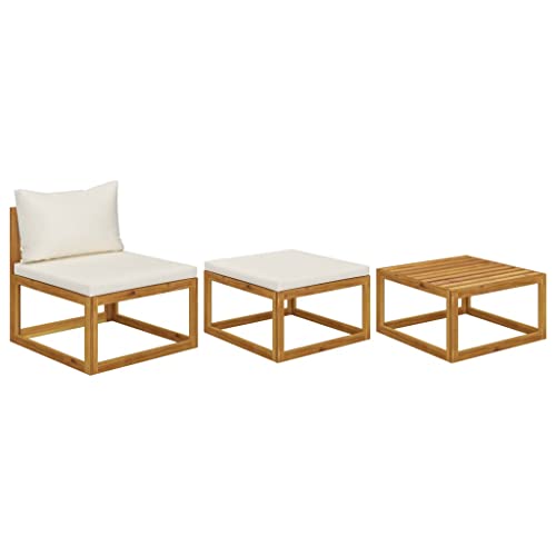 QZZCED 3-TLG. Garten-Lounge-Set mit Creme-Kissen Massivholz Akazie...