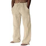 Puimentiua Cotton Linen Pants Men Casual Loose Fit Elastic Drawstring Waist Summer Beach Pants(Light Khaki, L)