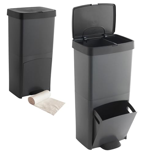 Pack Cubo de basura o reciclaje 70L VERTICAL, 2 compartimentos, Papelera residuos INCLUYE rollo 20 bolsas de basura de 10l