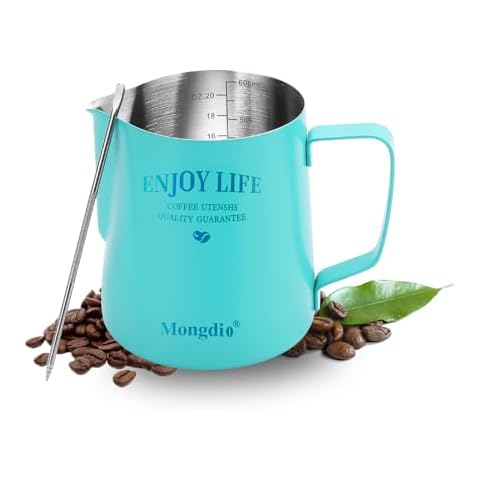 Mongdio Milk Frothing Pitcher, 20oz Milk Frother Cup with Scale, 304 Stainless Steel Cappuccino Espresso Machine Accessories with Latte Art Pen, Coffee Steaming Pitcher 20oz/600ml - Butterfly Green Cover