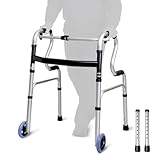 Faltbarer Gehwagen aus 6063-T5 Aluminium, Höhenverstellbar (77–95 cm), 2-in-1 Fix- & Schwingmodus, Rutschfeste Griffe, Vierpunkt-Standfuß, Belastbar bis 150 kg – Gehhilfe für Senioren & Reha