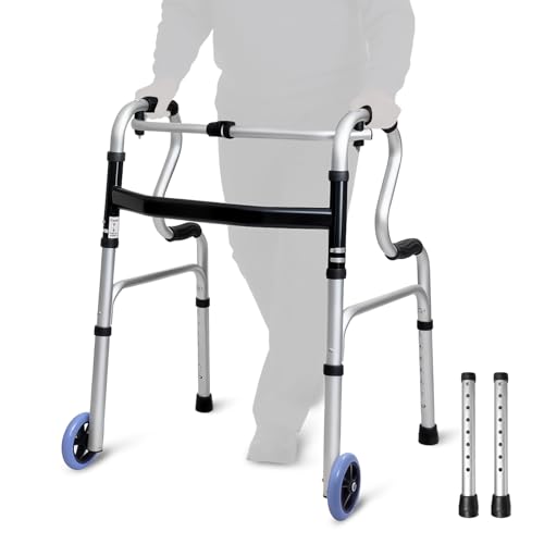 Faltbarer Gehwagen aus 6063-T5 Aluminium, Höhenverstellbar (77–95 cm), 2-in-1 Fix- & Schwingmodus, Rutschfeste Griffe, Vierpunkt-Standfuß, Belastbar bis 150 kg – Gehhilfe für Senioren & Reha