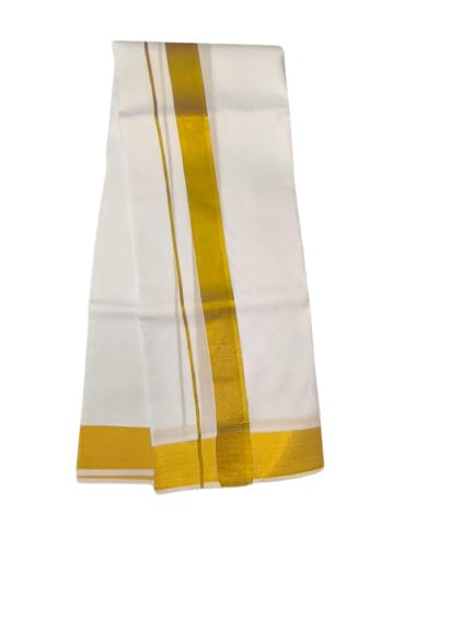 Image of Shri Bhargavas Men's Traditional Cotton Dhoti (2.0 Mtrs) + Angavastram (1.75 mtrs) - White Color with Big Golden Border