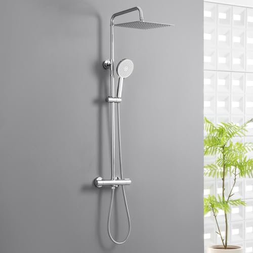 Auralum Columna Ducha Termostatica, Duchas de Baño Columna Altura Ajustable, Alcachofa de Ducha Grande 30x30 cm de Acero Inoxidable, Grifo de Latón (Cromo)