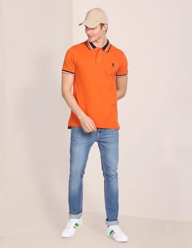 Image of U.S. POLO ASSN. Solid Slim Fit Cotton Polo T Shirt for Men - Breathable, Half Sleeves Mens Tshirt - 5XL, Orange