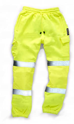 LIZZIE JACOBS Mens Hi Viz Jogging Bottoms Safety Combat Trousers Sweat Pants Hi Vis Work Fleece Trousers High Visibility Reflective Workwear Cargo Joggers (UK, Alpha, 5XL, Regular, Regular, Yellow)