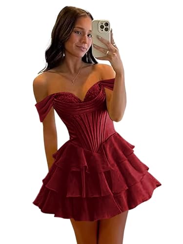 Off The Shoulder Homecoming Dresses for Teens 2025 Tiered Chiffon Corset Party Cocktail Gown