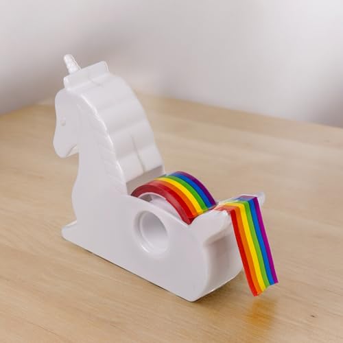 MIJOMA Einhorn Klebeband-Abroller – Zauberhafter Bürohelfer mit Regenbogen-Klebeband, Weißer Kunststoff, Ideal für Geschenkverpackung & Bastelarbeiten, 10x9x3cm